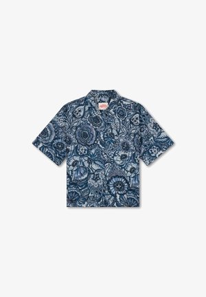Overhemd met korte mouwen en knopen met blauw-wit bloem- en bladmuster, voorzien van een kraag en een borstzak aan de voorkant.