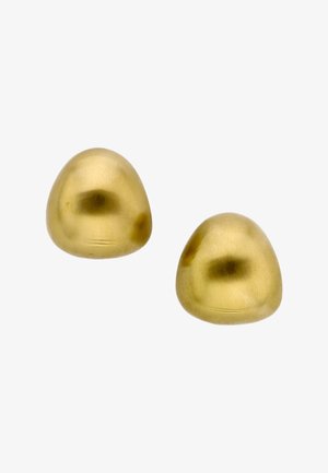 Două cercei tip știft, cu suprafață mată, aurie, de formă neregulată și netedă, pe un fundal alb.