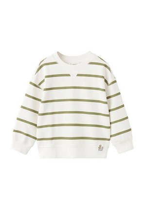 Biela mikina s horizontálnymi olivovozelenými pruhmi, výstrihom do V a rebrovanými manžetami. Obsahuje malý vyšívaný motív zvieraťa.