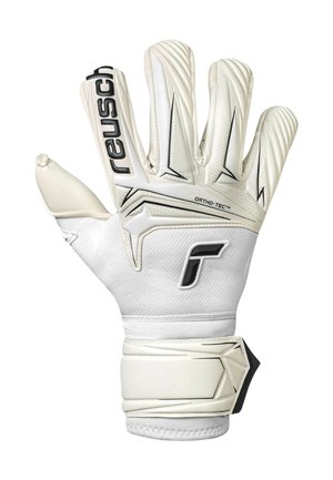 White goalkeeper glove with black branding, textured fingers, padded backhand, and adjustable wrist strap, shown palm side up.