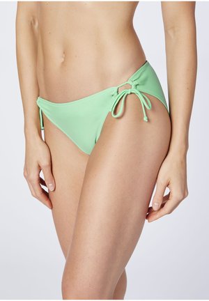 Light green bikini bottom featuring side ties and a smooth, stretchy fabric. The design has a low-rise cut with minimal coverage.