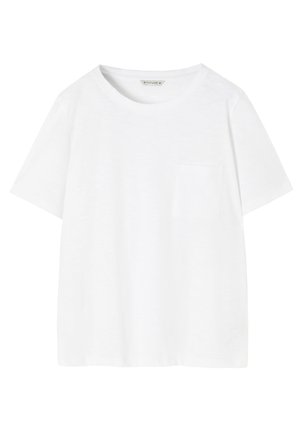 Bílá krátká dámská trička s krátkým rukávem vyrobené z jemné látky, s kulatým výstřihem a jednou náprsní kapsou. Jednoduchý design bez vzorů.