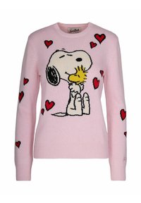Maglione a maglia rosa con un motivo di Snoopy e Woodstock circondati da piccole cuori rossi. Polsini e bordo a coste.
