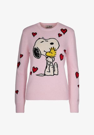 Roze gebreide trui met een afbeelding van Snoopy en Woodstock omringd door kleine rode hartjes. Geribbelde manchetten en onderkant.