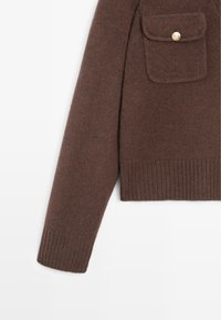 Brązowy sweter z dzianiny z ribbowanym dołem i mankietami, z kieszenią na piersi ozdobioną złotym guzikiem. Miękka faktura, krótki fason.