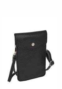 Pochette bandoulière en cuir noir avec surface texturée, fermeture à pression et sangle réglable. Forme rectangulaire compacte avec rabat légèrement incurvé.