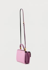 Pink leather handbag with a structured design, two compartments, a top handle, and a detachable black shoulder strap. Gold hardware accents.