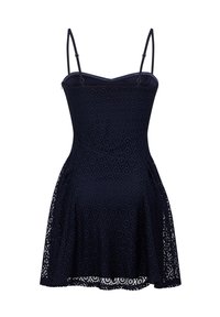 Robe en dentelle bleu marine avec bretelles spaghetti réglables, corsage ajusté et jupe évasée avec des motifs floraux circulaires.