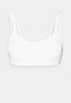 Hvid bralette med tynde, justerbare stropper, glat tekstur, rund halsudskæring og sømløst design. Ingen hardware eller mønstre til stede.