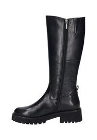 Botas negras hasta la rodilla, hechas de cuero suave, con cremallera lateral, punta redonda y suela de goma gruesa con un dibujo profundo.