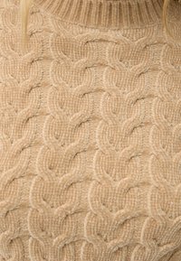 Béžový pletený svetr s robustním vzorem copánků, s vysokým límcem a měkkou texturovanou tkaninou. Detailní pohled na designové detaily.
