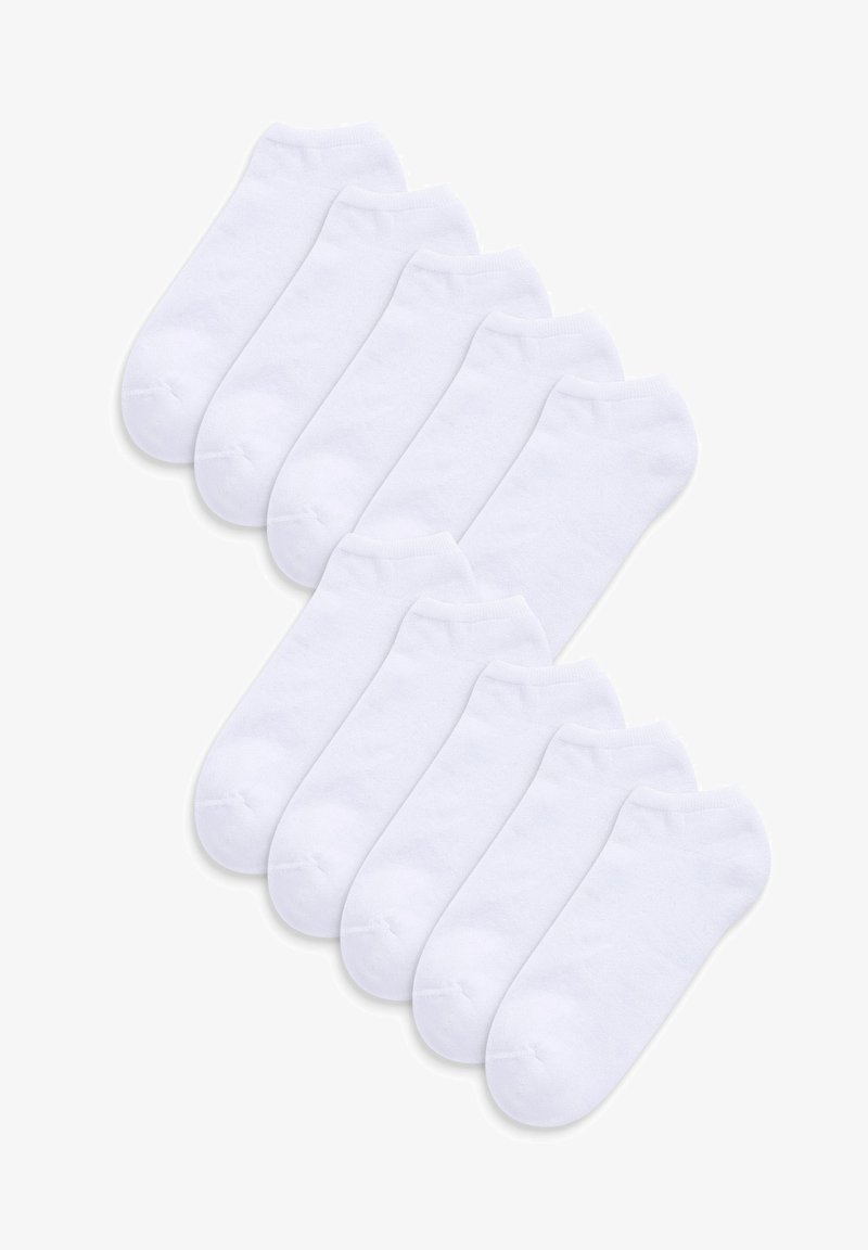 White ankle socks, soft cotton blend, low cut design, 10-pack, featuring ribbed cuffs and smooth texture.