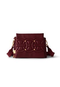 Burgundy leather crossbody bag with stitched geometric pattern, gold-tone hardware, and adjustable strap with fabric detail.