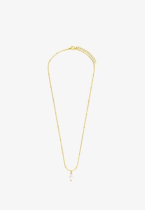 Collier en chaîne dorée au design de perles allongées, présentant un pendentif en perle blanche unique et un fermoir rond avec une extension réglable.