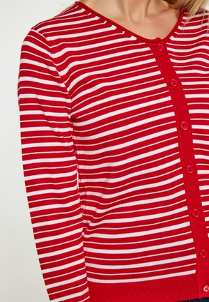 Rood-wit gestreepte cardigan met V-hals en knoopsluiting, voorzien van geribbelde textuur en lange mouwen.