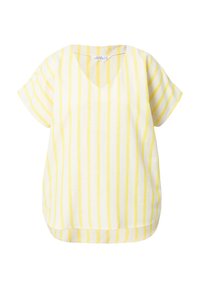 Haut à manches courtes rayé jaune et blanc avec décolleté en V, fabriqué en tissu léger. Ourlet arrondi avec fentes latérales pour plus de confort.