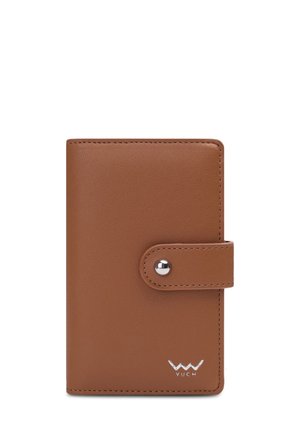 Brown faux leather wallet with a snap closure, smooth texture, rounded corners, and a silver logo at the bottom. Compact and rectangular shape.