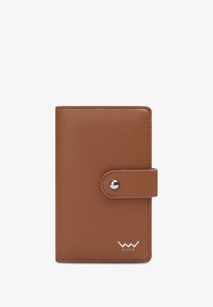 Brown faux leather wallet with a snap closure, smooth texture, rounded corners, and a silver logo at the bottom. Compact and rectangular shape.