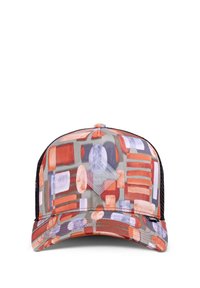 Colorful patterned cap with a curved visor. Features a blend of red, orange, and purple shapes on a gray background. Black mesh sides.
