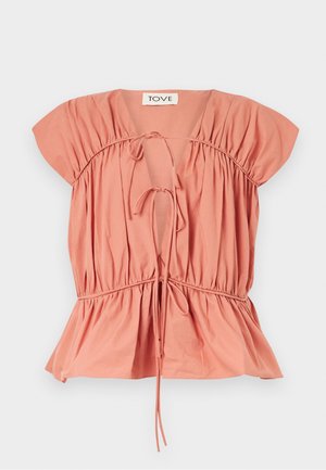 Bluză din bumbac de culoare piersică, cu detalii creț, mâneci scurte și talie ajustată. Dispune de șnururi ajustabile la decolteu și la tiv.