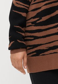 Pull en tricot rayé marron et noir avec des manches et un ourlet côtelés. Texture douce, coupe décontractée, présentant un motif audacieux en rayures de tigre.