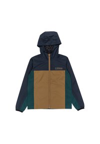 Giacca impermeabile con cappuccio, design color block in blu navy, marrone e verde, con zip frontale e polsini elastici.