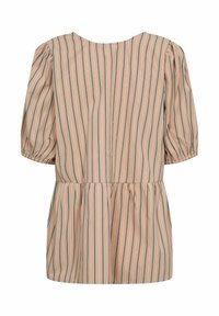 Blouse pêche à rayures vertes verticales, manches courtes bouffantes, encolure arrondie et taille froncée pour plus de forme et de texture.