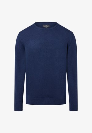Mannen navy blauwe crew neck lange mouw trui met geribbelde manchetten en onderkant, weergegeven op een witte achtergrond.