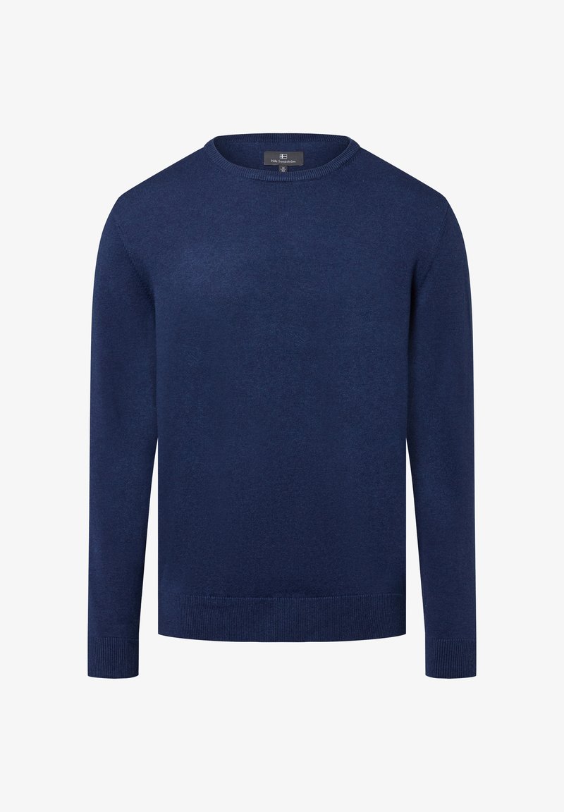 Herren Pullover in Marineblau mit Rundhalsausschnitt und langen Ärmeln, mit gerippten Bündchen und Saum, auf einem weißen Hintergrund präsentiert.