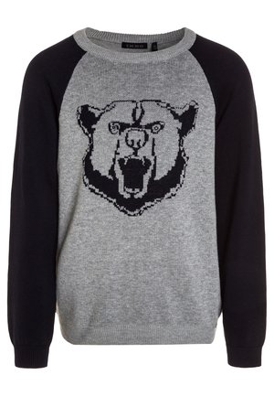 Szary sweter z granatowymi rękawami raglanowymi, z grafiką czarnego niedźwiedzia z przodu. Żebrowany kołnierz i mankiety, miękki materiał dzianinowy.