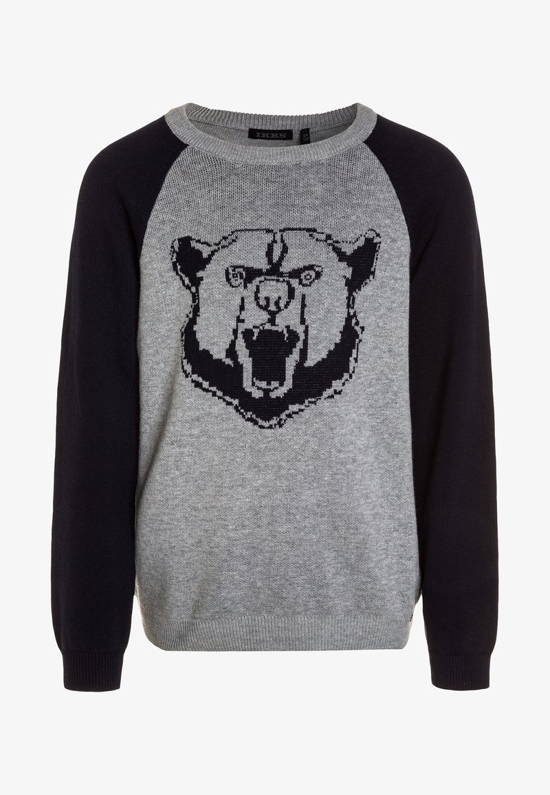 Sweatshirt gris avec des manches raglan bleu marine, affichant un graphisme d'ours noir à l'avant. Col et poignets côtelés, en matériau tricoté doux.