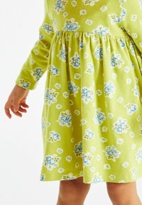 Grön klänning med långa ärmar, med ett blommönster av blå rosor och små vita blommor. Mjuk, strukturerad tyg; rynkad midja.