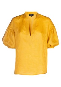 Blusa gialla di lino con scollatura a V profonda, maniche corte a palloncino e dettagli di cucitura sottili. Texture morbida, vestibilità comoda e tessuto leggero.