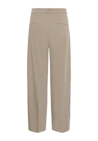 Beige bukser med vide ben, bæltestropper og to baglommer, vist bagfra på en hvid baggrund.