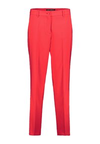 Czerwone, dopasowane spodnie z gładkim przodem, z zapięciem na guzik i bocznymi kieszeniami. Gładki materiał z prostym fasonem i detalami w postaci zagięcia.
