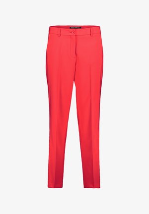 Red, tailored trousers with a flat front, button closure, and side pockets. Smooth fabric with a straight leg design and crease detail.