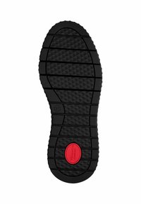 Semelle de chaussure en caoutchouc noir avec un motif texturé comportant des pyramides en relief, des rainures horizontales et un accent rouge portant l'inscription "CONFORT". Taille 37.
