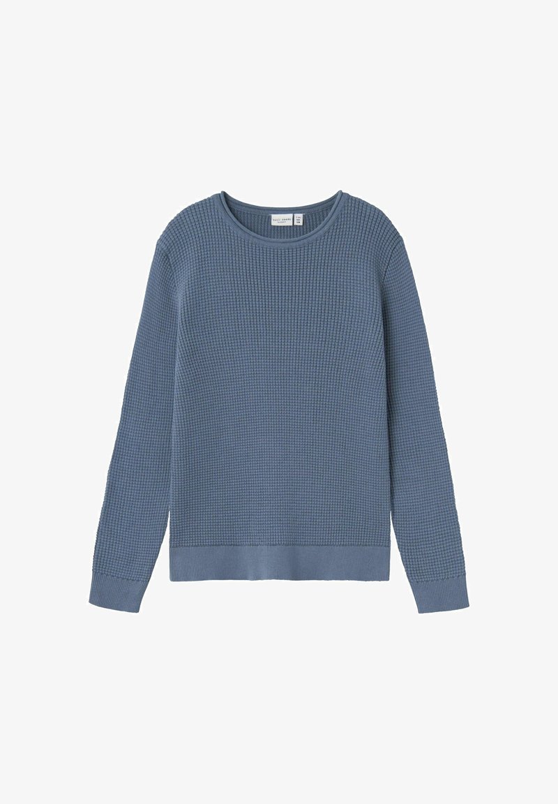 Blauer strukturierter Pullover mit rundem Halsausschnitt, langen Ärmeln und gerippten Bündchen. Waffelstrickmuster überall, mit einem soliden, gerippten Saum.