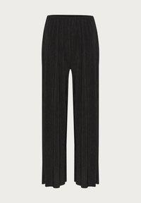 Black wide-leg trousers with an elastic waistband, featuring a textured fabric with vertical pleats for added depth and movement.