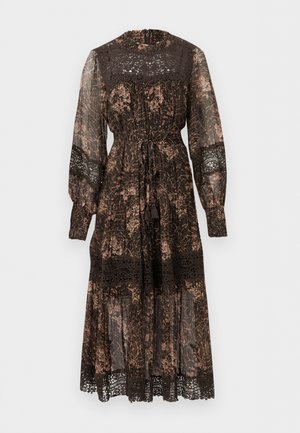 Μίντι φόρεμα με μακριά μανίκια και σκούρο ανθικό σχέδιο, δαντελένια λαιμόκοψη, μανσέτες και τελείωμα, με σφιχτή μέση και κορδόνι.