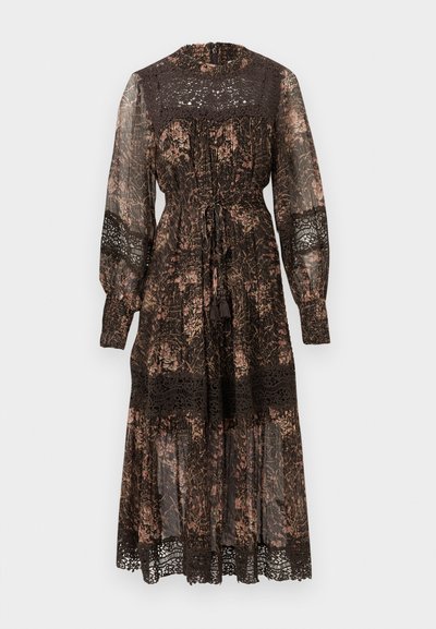 Μίντι φόρεμα με μακριά μανίκια και σκούρο ανθικό σχέδιο, δαντελένια λαιμόκοψη, μανσέτες και τελείωμα, με σφιχτή μέση και κορδόνι.