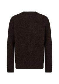 Mörkbrun ribbad tröja med långa ärmar, rundad halsringning och ett texturerat stickat mönster. Baksidan är helt slät utan ytterligare detaljer.