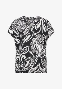 Blusa a maniche corte con motivo floreale in bianco e nero, colletto rotondo e un piccolo taglio a V frontale. Tessuto morbido.