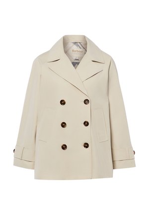 Γυναικείο μπεζ πανωφόρι διπλής σειράς με έξι καφέ κουμπιά, φαρδιές πέτρες, δύο εμπρόσθιες τσέπες και λουριά με κουμπιά στα μανίκια.