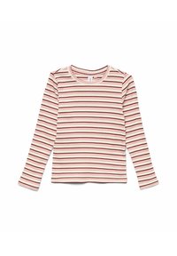 Maglietta a maniche lunghe a righe in morbido tessuto a costine. Presenta righe alternate in crema, rosa e bordeaux con scollo rotondo e silhouette aderente.