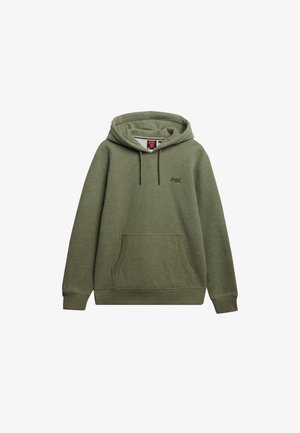 Olive green hoodie with a kangaroo pocket, adjustable drawstring hood, round hem, and subtle logo detail on the chest. Soft fabric texture.