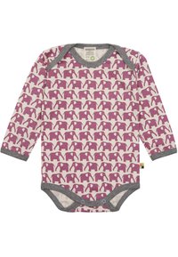 Body per bambini a maniche lunghe in bianco sporco con motivo di elefanti viola, rifiniture grigie, chiusure a pressione sul fondo, materiale in cotone.