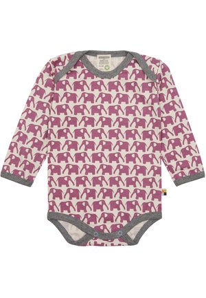 Body per bambini a maniche lunghe in bianco sporco con motivo di elefanti viola, rifiniture grigie, chiusure a pressione sul fondo, materiale in cotone.