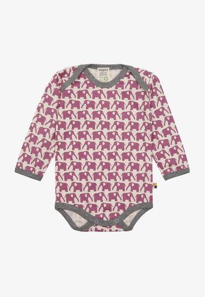 Langärmliger Babybody in Off-White mit lila Elefantenmuster, grauem Saum, Druckknöpfen im Schrittbereich, aus Baumwollmaterial.