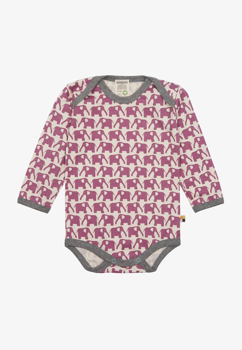 Lange mouw baby rompertje in gebroken wit met paars olifantenpatroon, grijze afwerking, drukknoopsluiting aan de onderkant, van katoen.